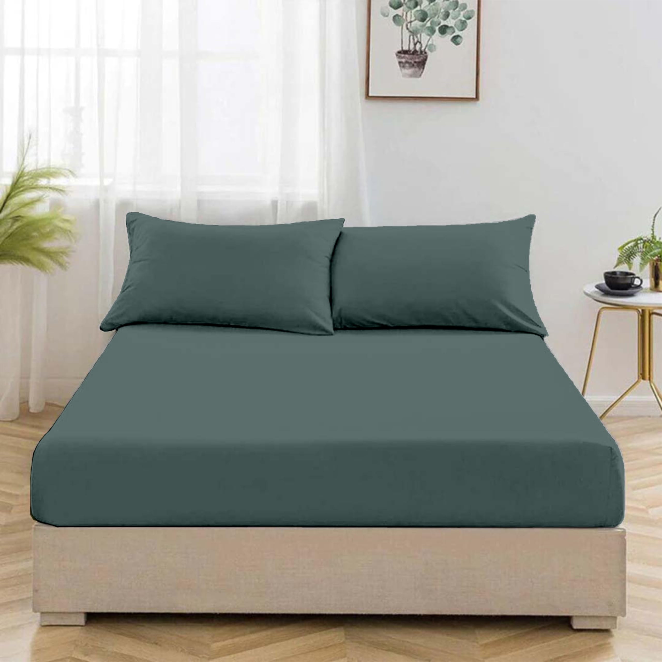 EGYPTO Percale Super King Fitted Sheet - 40-CM Extra Deep Fitted Sheets with All-Around Elastic - Breathable, Wrinkle Resistant, Anti-Allergy Bed Sheet (Super King Bed Fitted Sheets, Green)