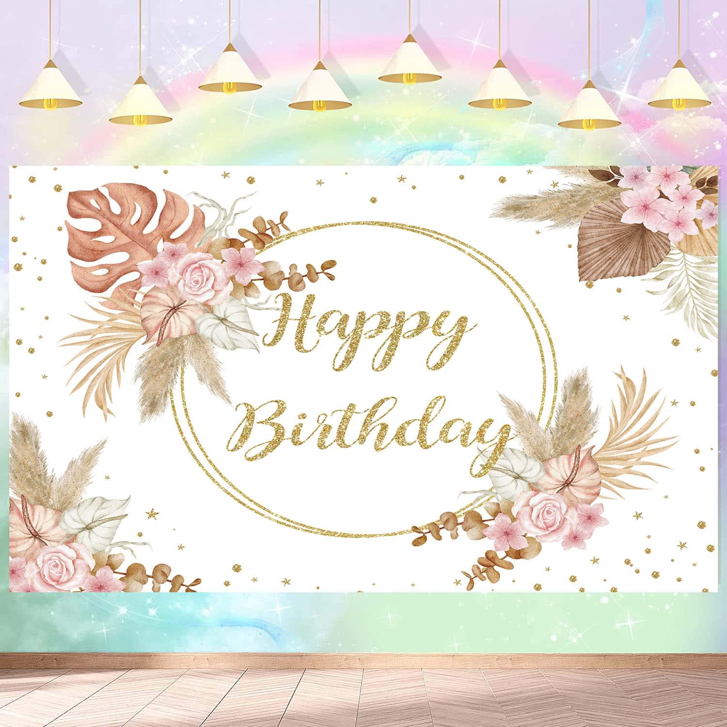 Sfondo Per Primo Compleanno Bimba, Boho Con Pampas E Palloncini, 2.5x1.8m, Vinile Opaco