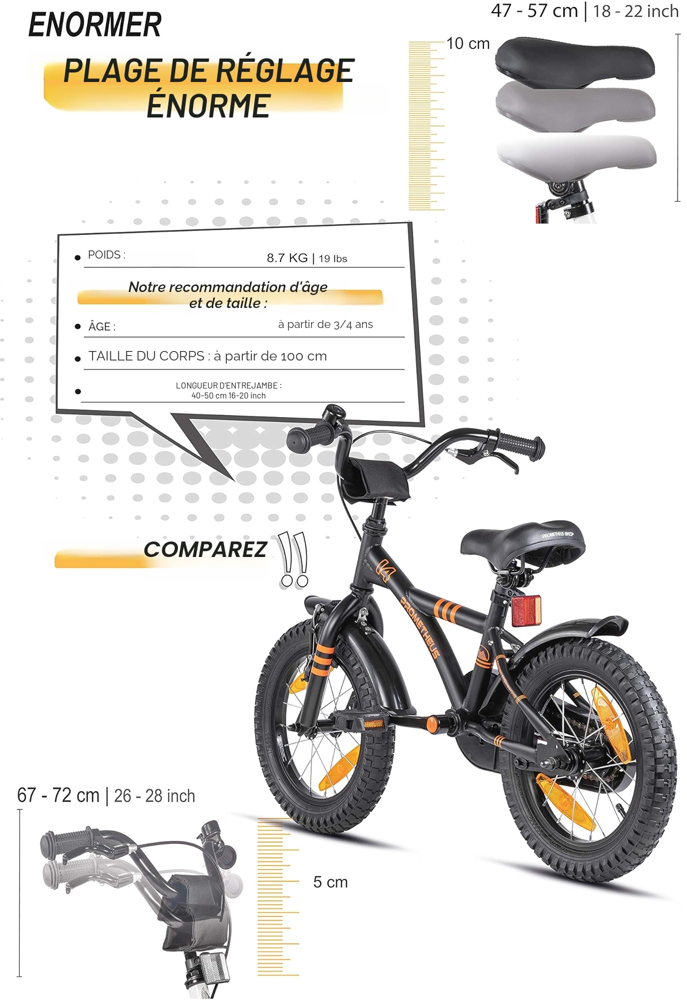 PROMETHEUS BICYCLES Velo Enfant 4 Ans Garcon vélo Fille 14 Pouces a Roulette pour 3 a 5 Ans - BMX en Noir Mat Orange
