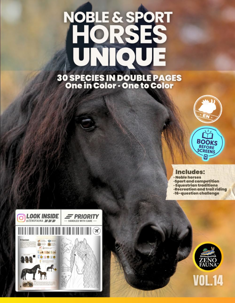 Horses: 30 Noble & Sport Breeds – Unique: 30 Breeds in Double Pages | One in Color and One to Color (Unique Animals)