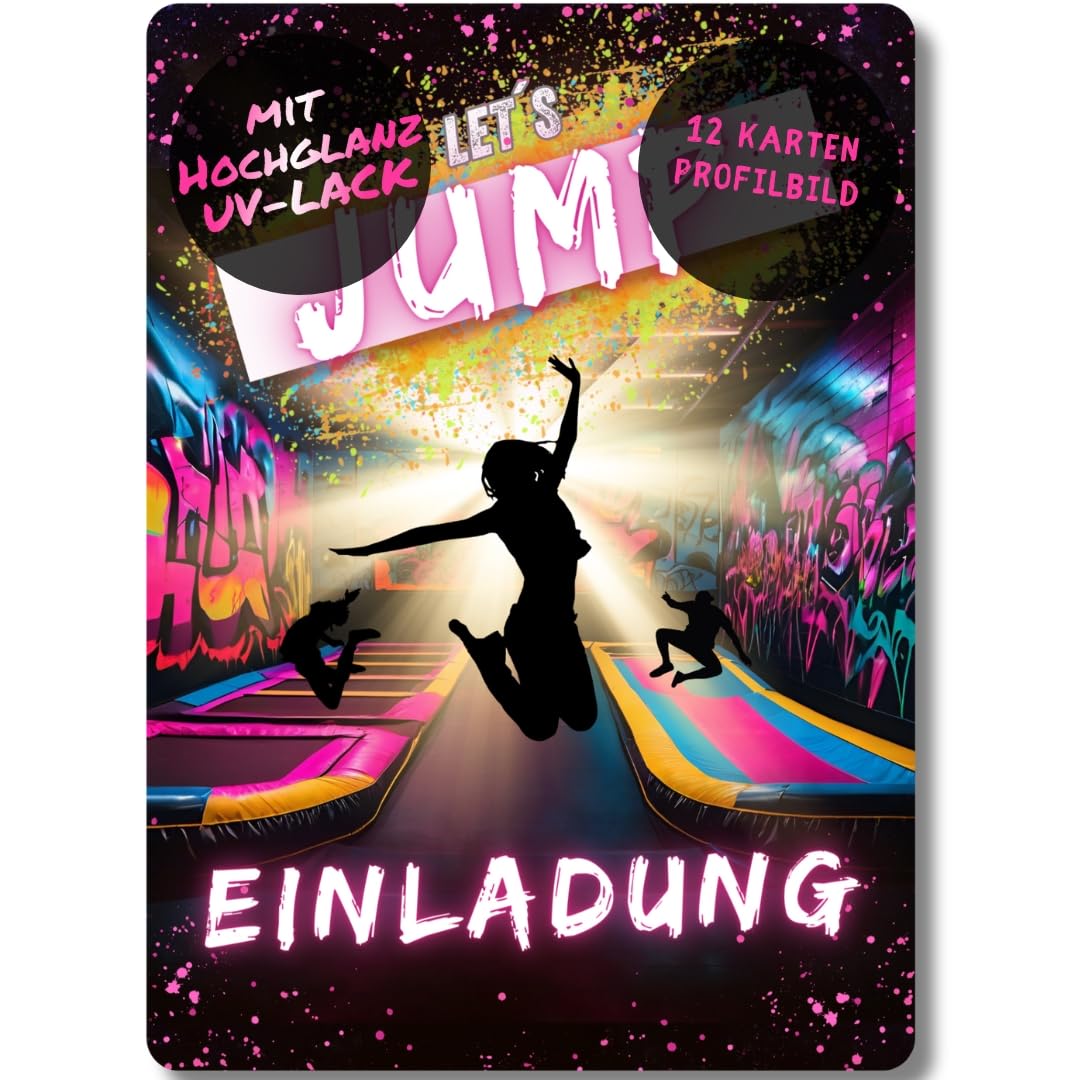 celebr8te 12x Einladungskarten im pinken Jump Trampolin Design - Für den Kindergeburtstag von Mädchen im Jumphouse Trampolinpark inkl. Messenger Bild & Urlaubsgutschein