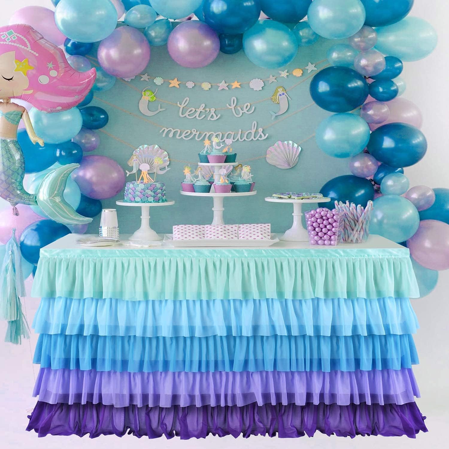 Mermaid Tablecloth Tutu Table Skirt Mermaid Party Table Cloth for Rectangle Tables for Birthday Party Baby Shower Gender Reveal  Under  the Sea Party Decorations 6ft