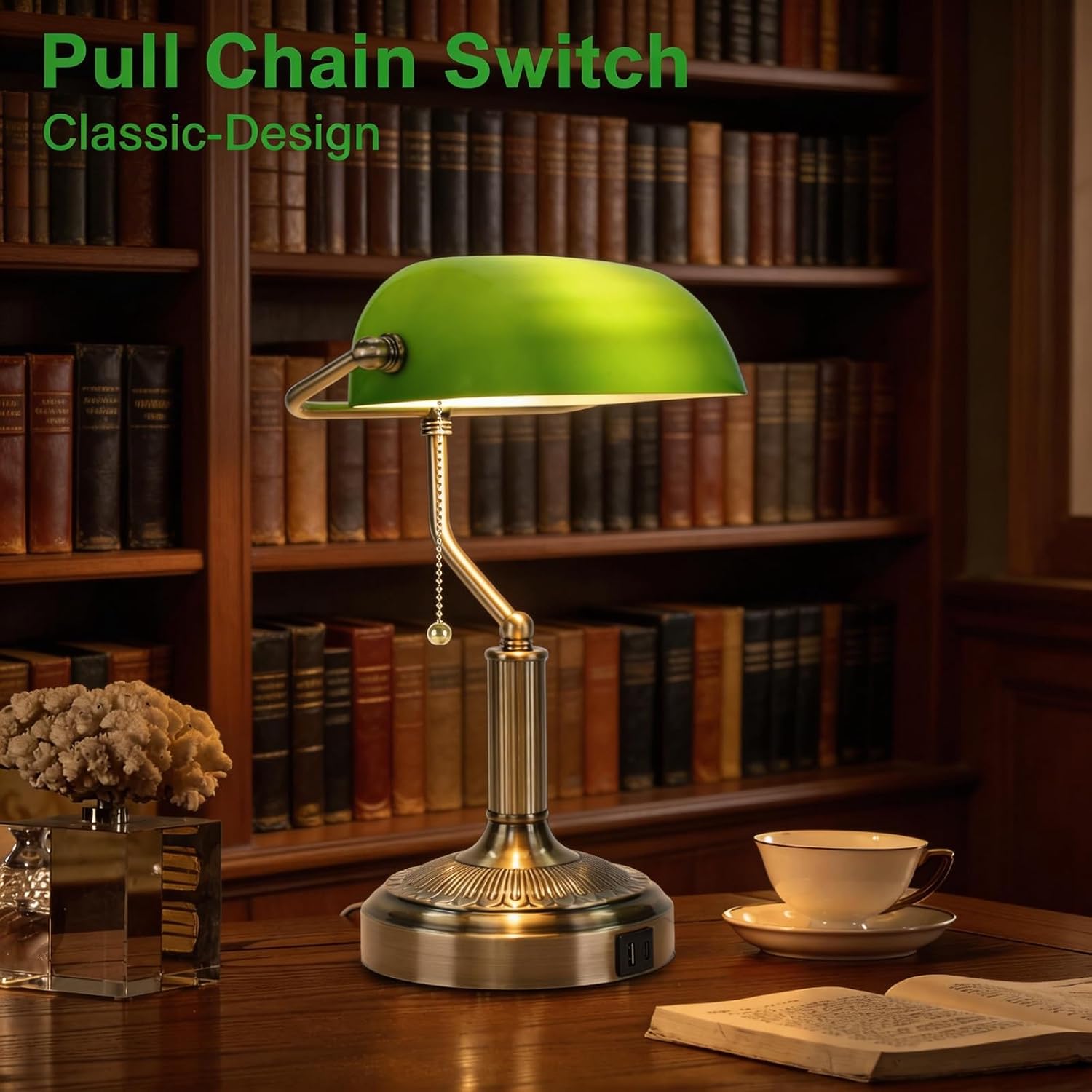 Vintage Bankers Lamp, Green Glass with Antique Brass Finish, USB & Type-C Charging Ports, Pull Chain Desk Lamp for Home Office, Piano, Library (Green)