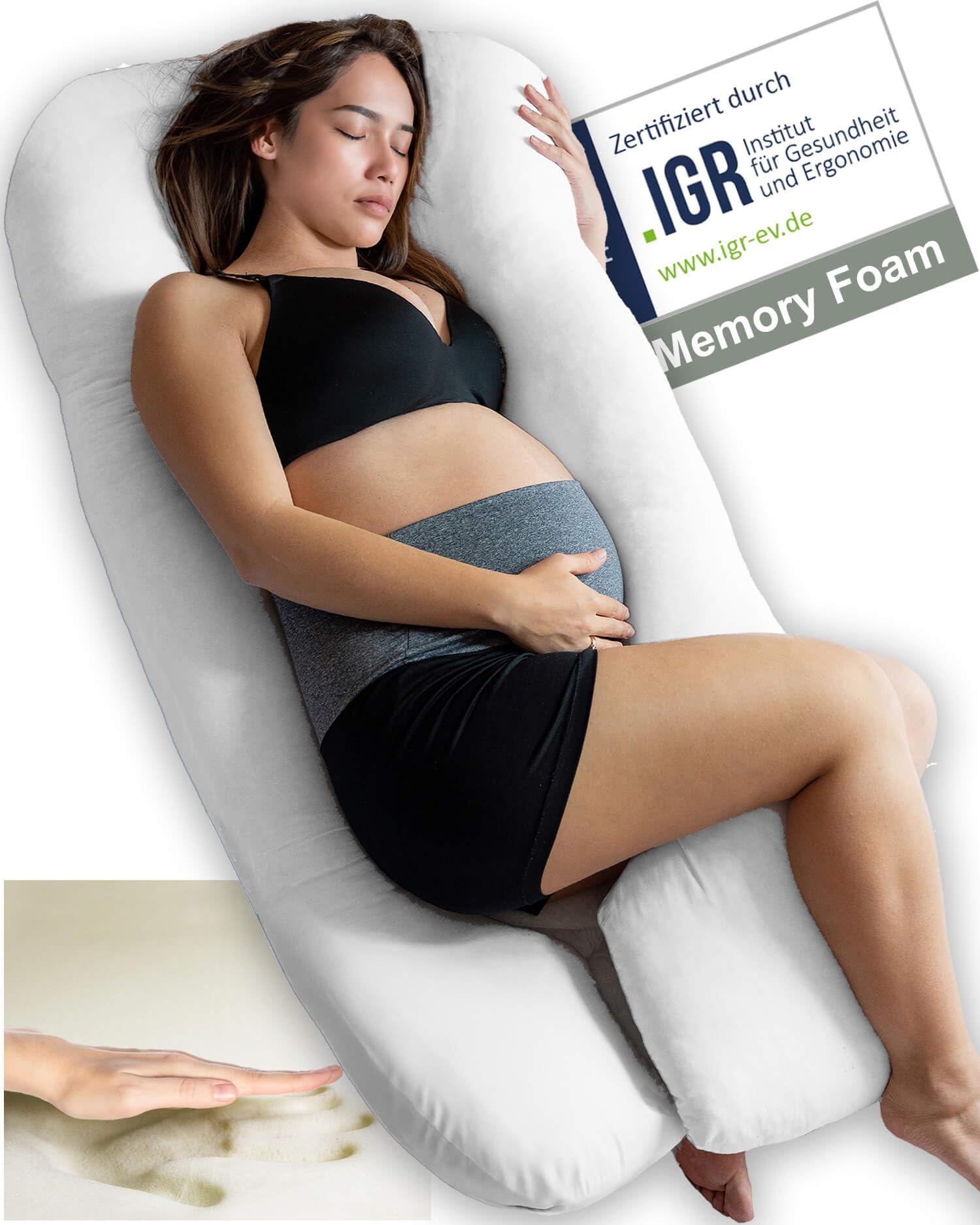 Traumreiter Seitenschläferkissen Visco Comfort L mit Bezug Weiß, Hybrid Kissen + 1cm Memory Foam, U Form Schwangerschaftskissen Gel Body Pillow Komfortkissen Erwachsene, Ergonomie Zertifiziert