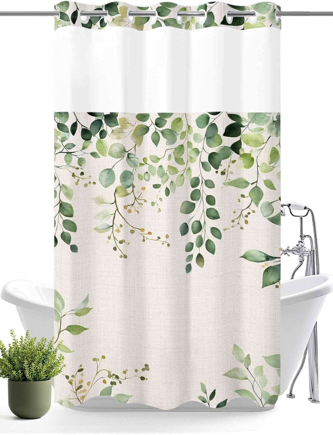 No Hooks Shower Curtain with Snap in Fabric Liner Set,Sage Green Eucalyptus Leaf on Retro Linen Shower Curtains Waterproof & Washable Bathroom Curtain with See Through Top Window,Hotel Style,66x72in