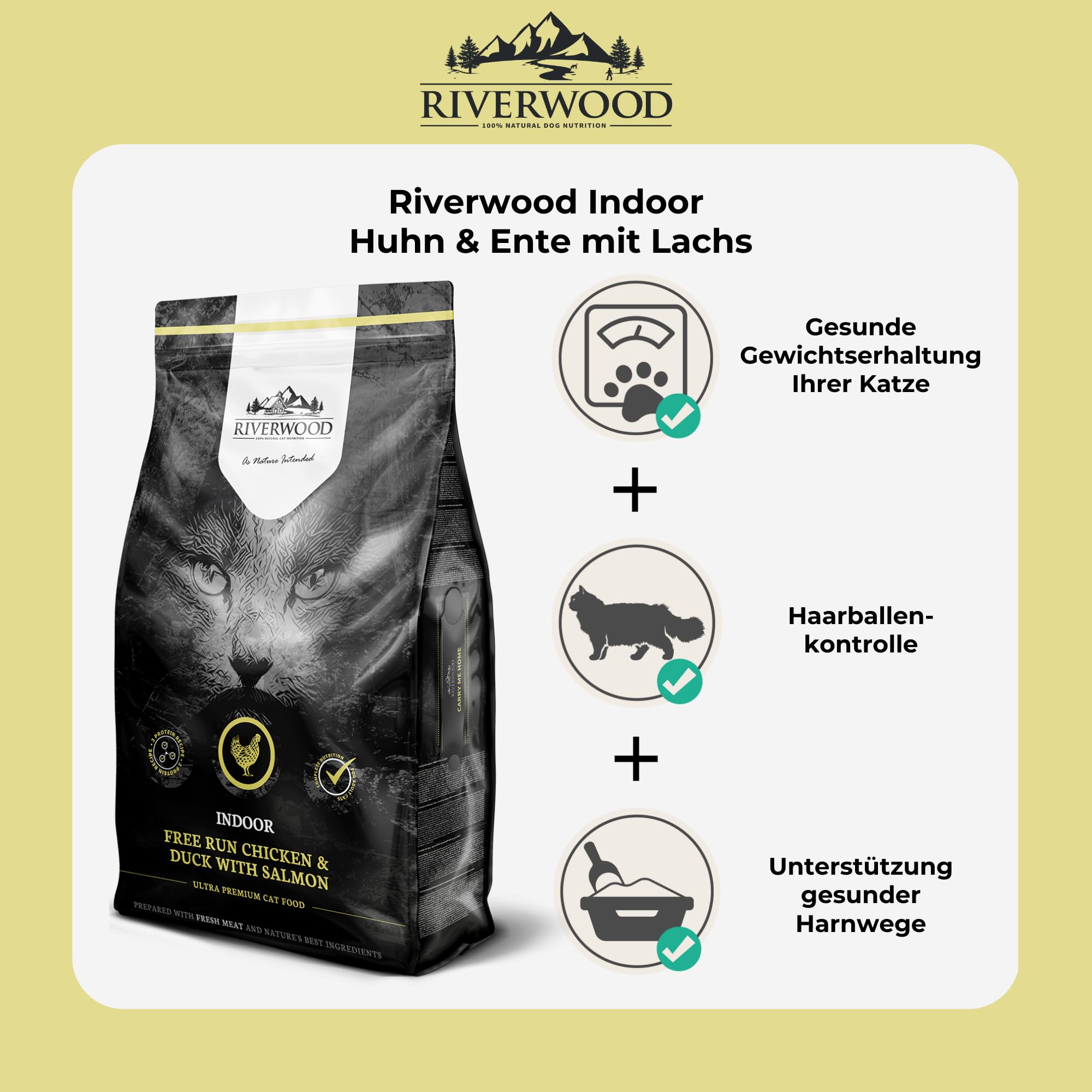 Riverwood Indoor Katzenfutter | Huhn & Ente mit Lachs | Ultra Premium Getreidefreies Trockenfutter | Hoher Fleischanteil | für Erwachsene Hauskatzen | 6 KG
