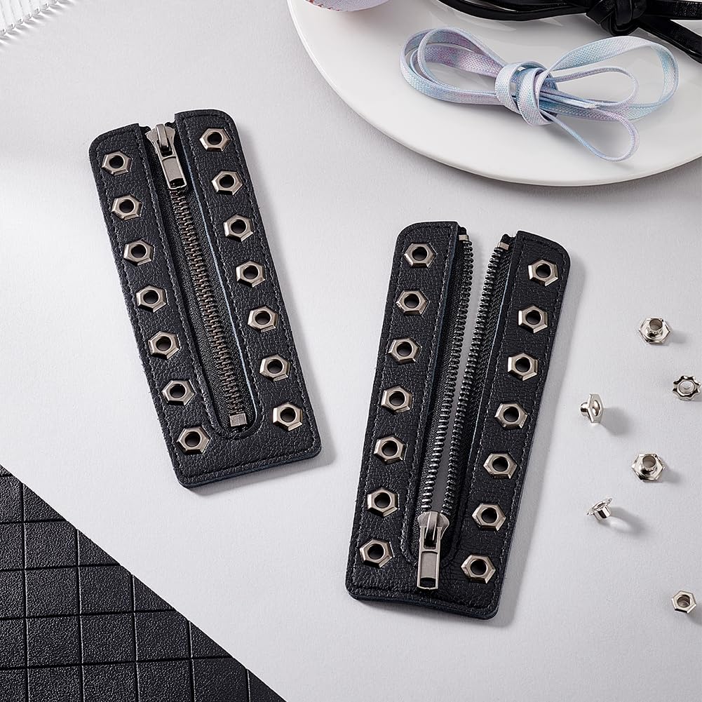 PH PandaHall 2pcs Leather Lace-in Boot Zipper Inserts, x Inch Black  Cowhide Tieless Shoe Laces Eyelets Zipper Boot Laces Holes No Tie Shoe