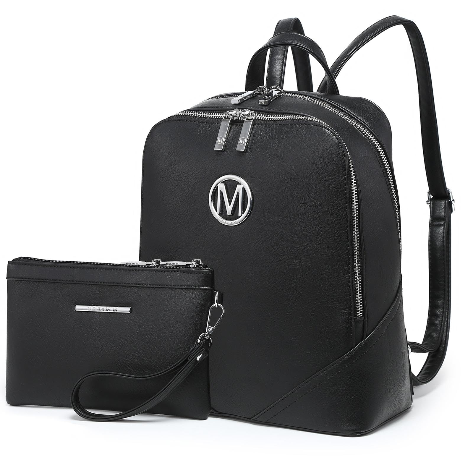 MKP Women Fashion Double Zipper Medium Backpack Purse PU Leather Ladies Travel Shoulder Bag Set 2Pcs
