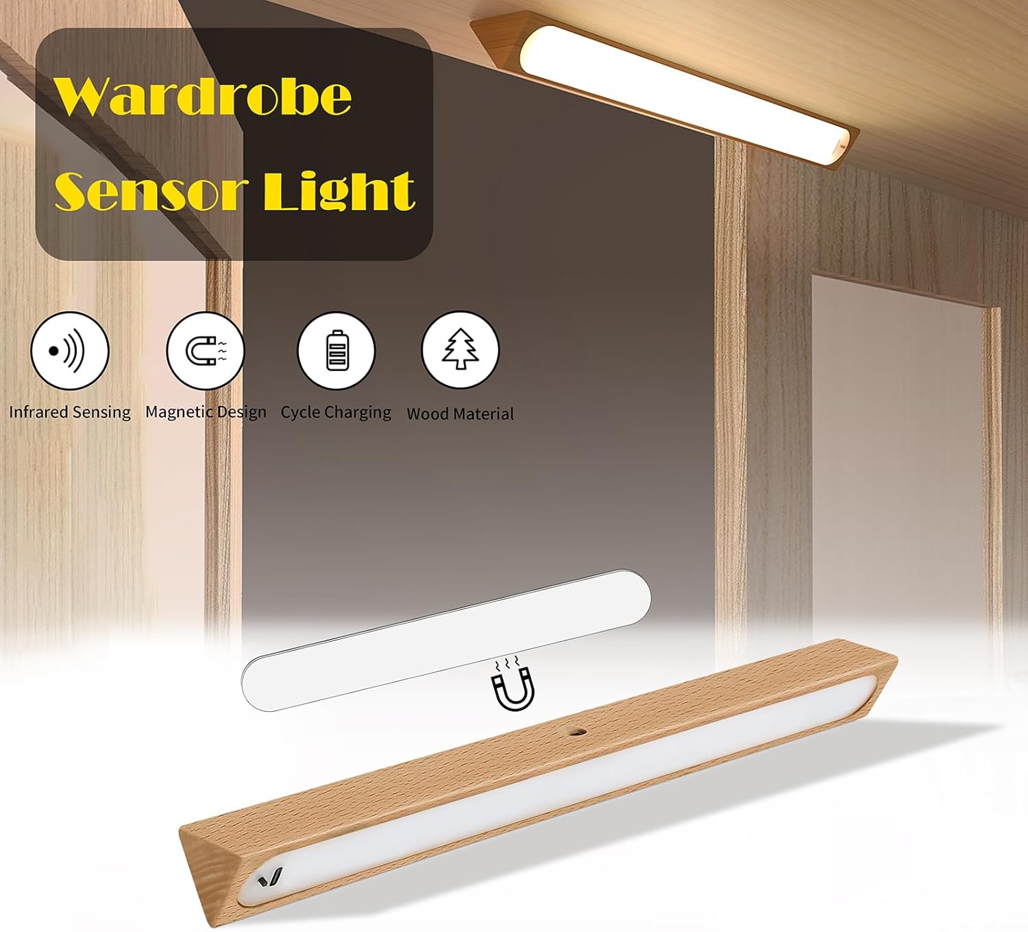 Under Cabinet Lights, Smart Night Lights Cabinet Light Drawer Light Wireless Battary Powered (Beech Wood 1PCS)