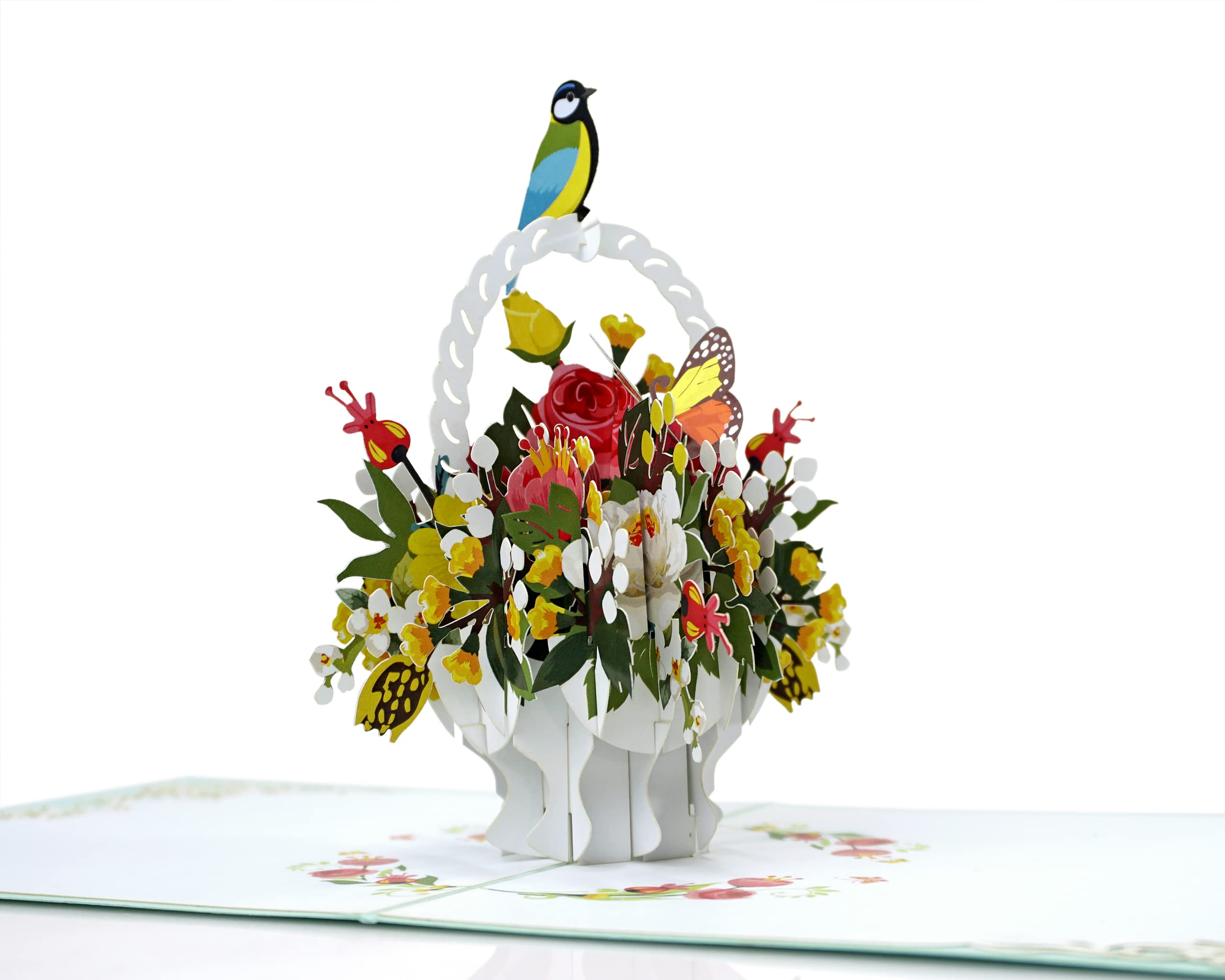 Flower Basket Bird Pop Up 3D Card.Delightful surprise greeting card for Her Mother, Daughter, Wife, Granddaughter, Sister