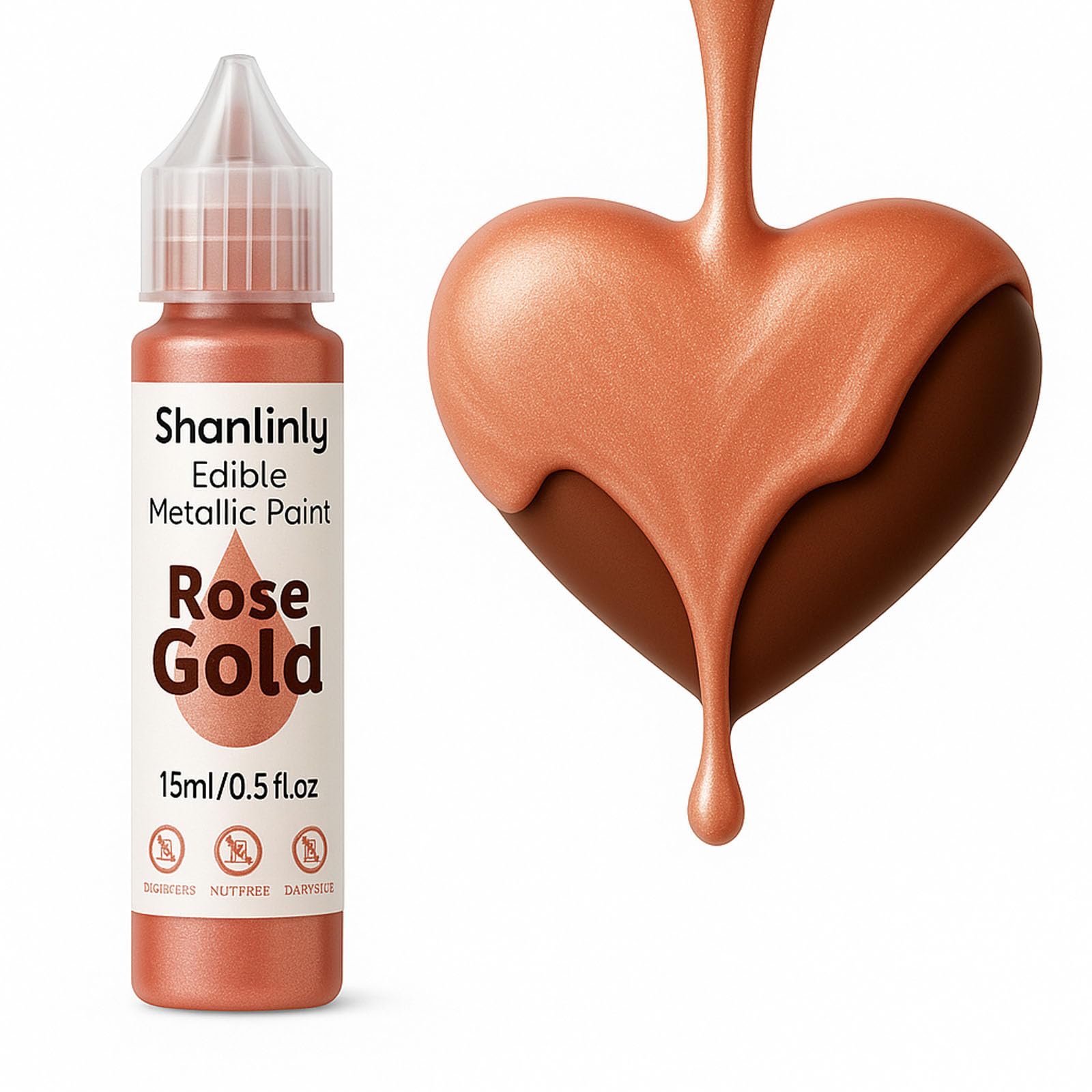 Rose Gold Metallic Edible Paint for Baking – Food Grade Edible Gold Dust Drink Glitter for Shimmer Cake Decorating, Cookies,Cupcakes,Cocktails – 15ml
