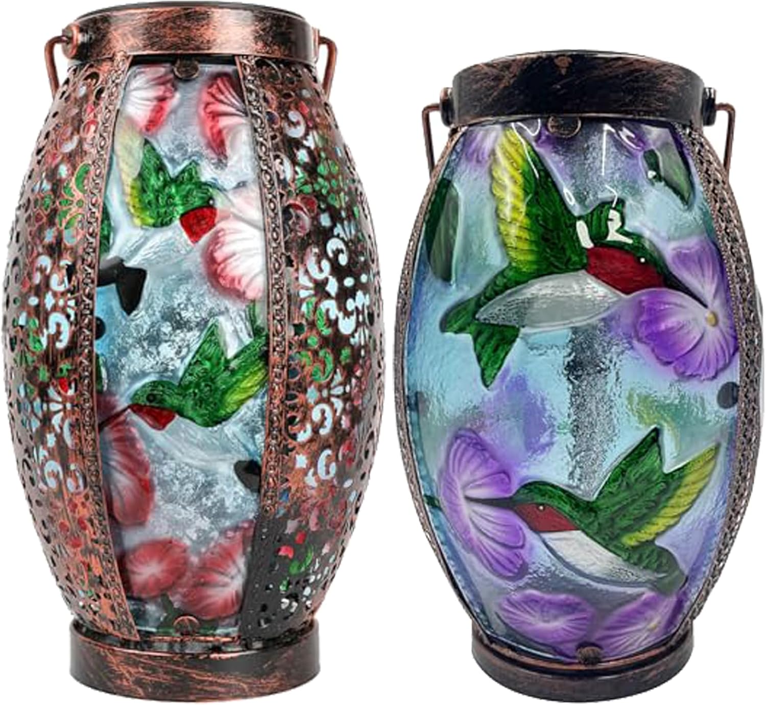 16" H Hummingbird + 13.8" H Hummingbird Solar Lanterns Glass & Metal Hanging Lantern Outdoor Waterproof Tabletop Light with Hollowed-Out Design for Garden Patio Table Decor Mother's Day Gif