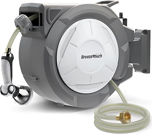 Breeze Touch Carrete de manguera de jardín retráctil de 12 pulgada x 100 pies, carrete de manguera de agua montado en la pared para exterior con