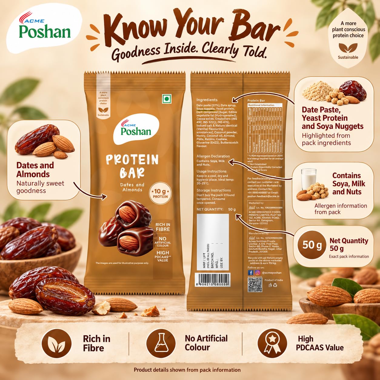 Acme Poshan Protein Bar - Dates & Almonds (Pack of 6) | 10g Yeast & Soya Protein per Bar | Healthy Snack - 300g — Amazon image 3