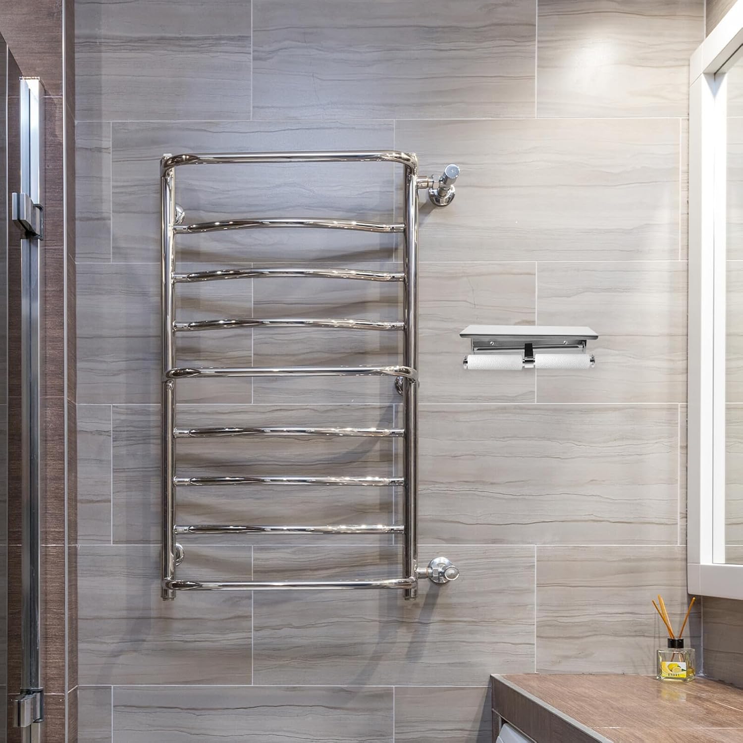 Housoutil Dual Toilet Paper Holder with Shelf Wall Mount, 304 Stainless Steel Bathroom Tissue Dispenser, Toilet Roll Organizer for Hotels and Restrooms with Installation Accessories