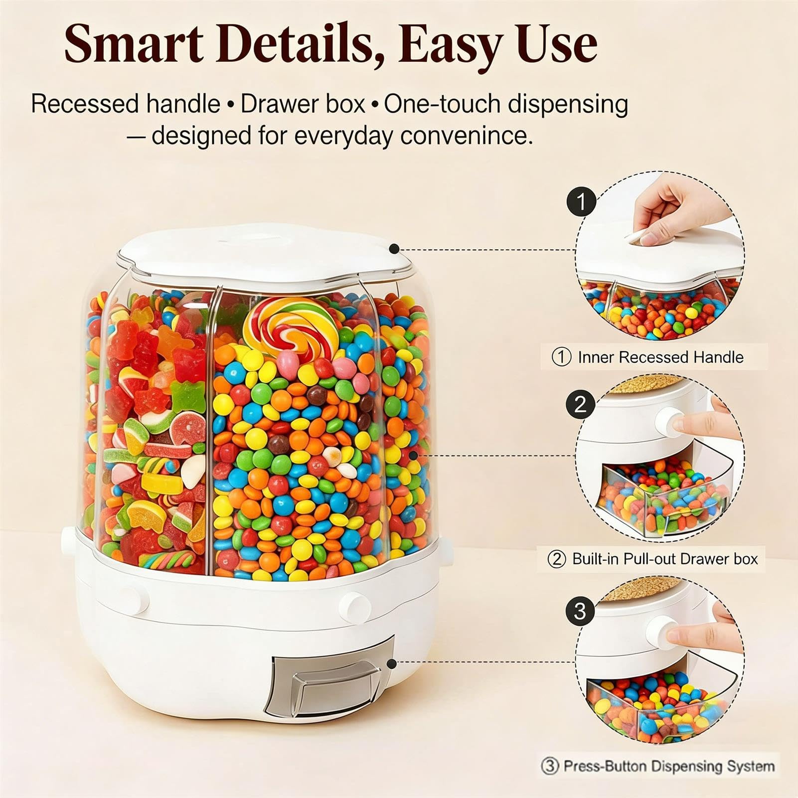 Dispenser per caramelle con 6 scomparti, girevole a 360°, divertente contenitore a pressione per noci, riso, cereali, snack e caramelle