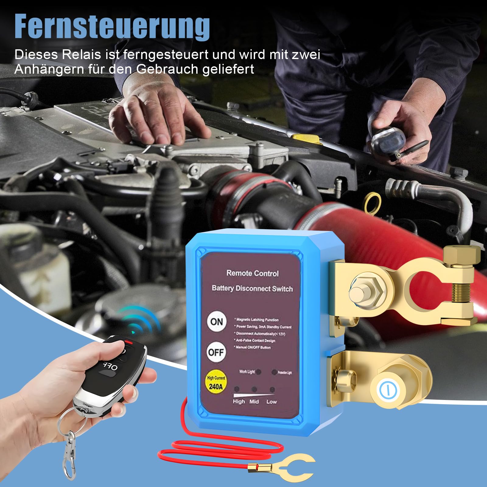 Drahtlose Fernbedienung Auto Isolator Schalter,12V/24V Batterie Trennschalter 240A,Kill Switch Anti-Diebstahl Automatische Abschaltung Batterietrennschalter (Standard)