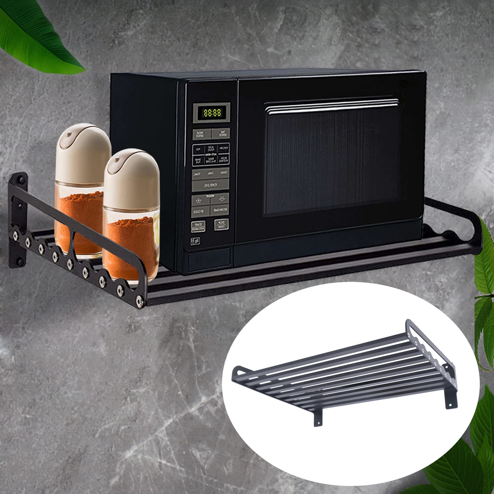Soporte de aluminio negro para microondas, estante de pared, soporte para especias, soporte para microondas, soporte para microondas montado en la pared, estantes de cocina, estante