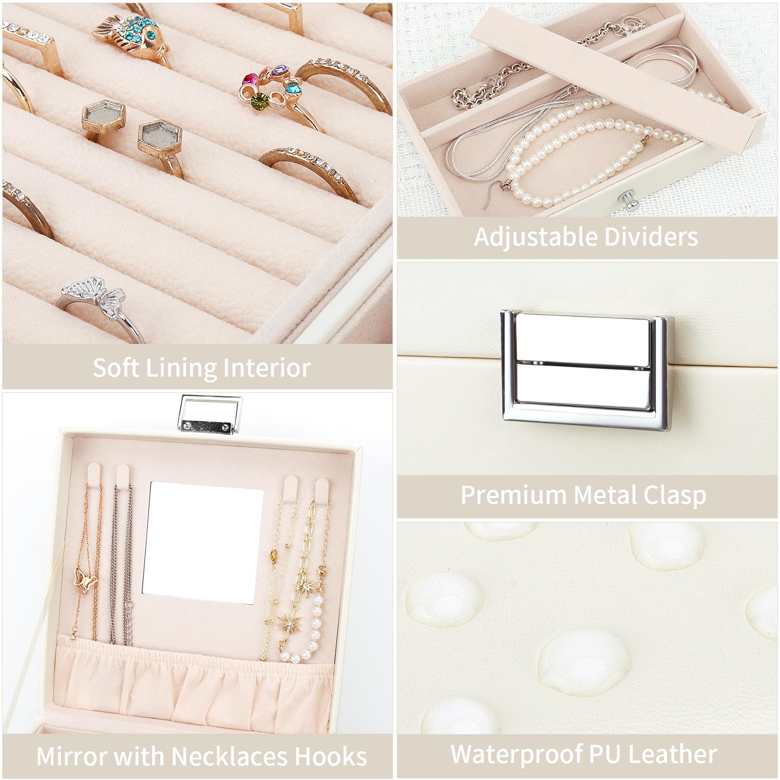 Caja Joyero con 5 Niveles de PU, Estuche para Joyería con 6 Cajones, Caja Organizador de Joyas con cajones laterales para collares, pendientes, anillos, relojes, Beige