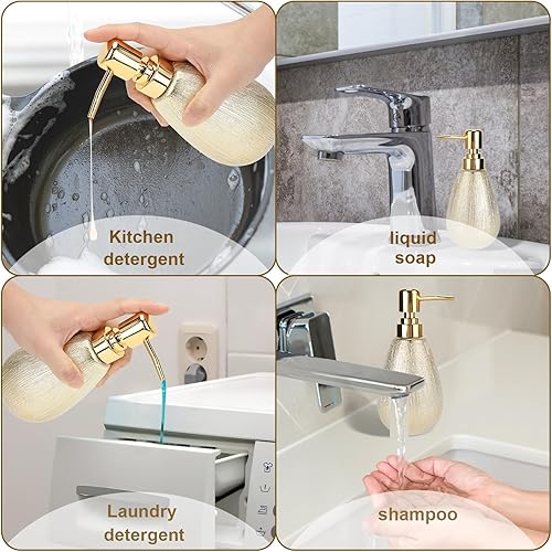 Miniatura 3 de Dispensador de jabón de cerámica dorada cepillada, bomba dispensadora de jabón de manos de 13.05 onzas, diciembre de lujo para baño y cocina