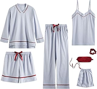 [Unifizz] パジャマ レディース 7点セット ルームウェア 綿 部屋着 長袖 かわいい キャミソール Tシャツ ロングパンツ 寝巻着 ゆったり 上下セット ネグリジェ 便利服 肌に優しい 春夏秋冬 女の子 女性 Pajamas