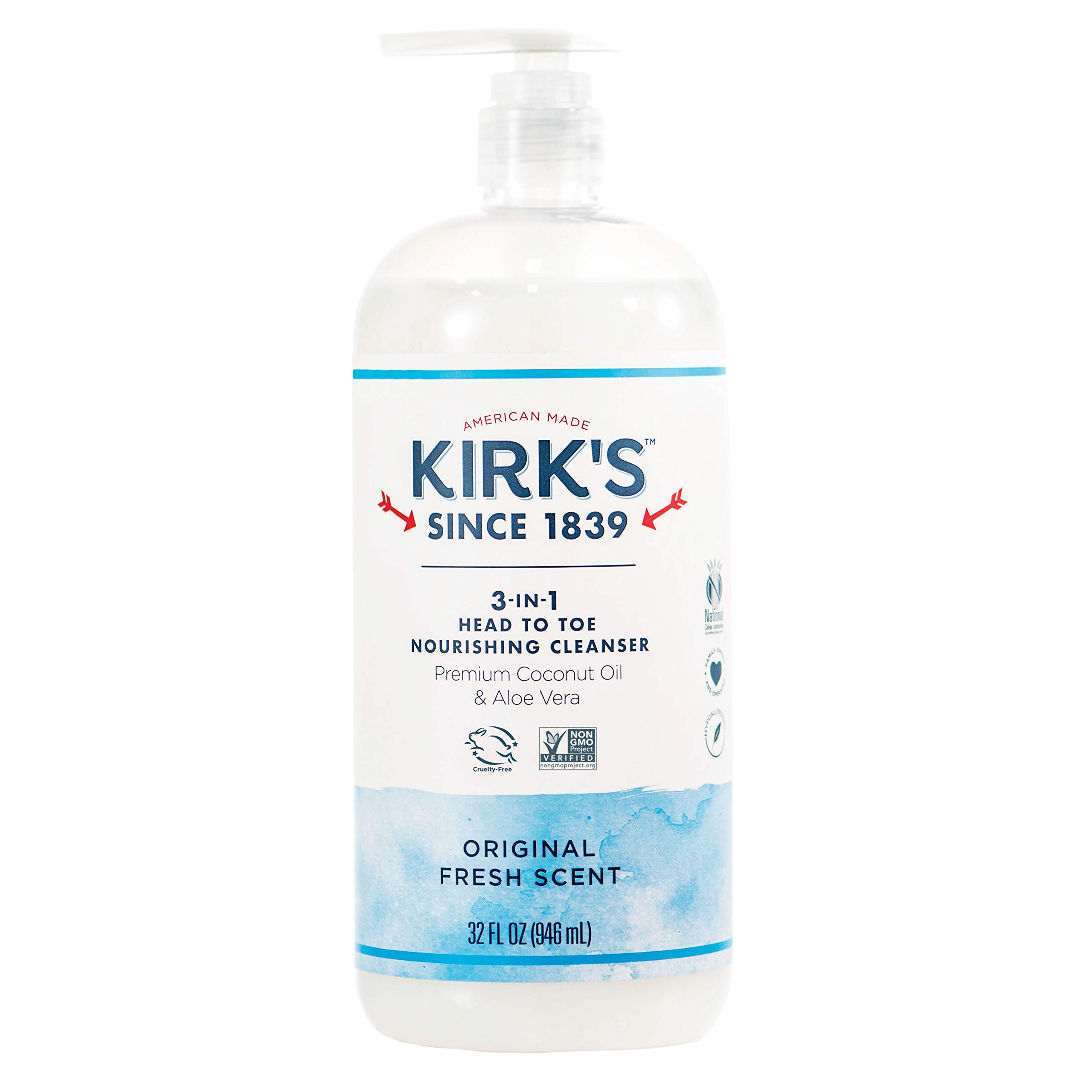 Kirk's 3-in-1 Head to Toe Nourishing Liquid Cleanser- for Men, Women & Children - Premium Coconut Oil & Aloe Vera- Non GMO & Vegan -Original Fresh Scent - 32 Fl Oz