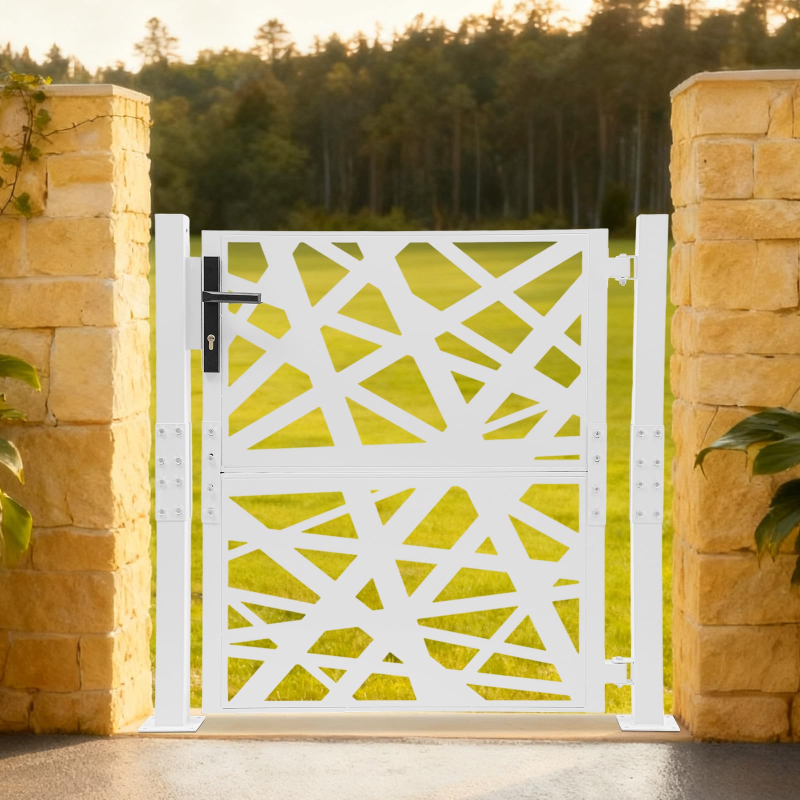 Cancello da giardino in metallo, porta da giardino in acciaio, chiudibile a chiave, cancello del cortile e cancello d'ingresso per giardino, terrazza e vialetto con design a motivo geometrico forato