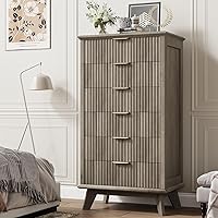 QUW Fluted 6-Drawer Dresser Gray: Modern Tall Bedroom Chest with Metal Handles, Large Storage Organizer for Living Room Entryway