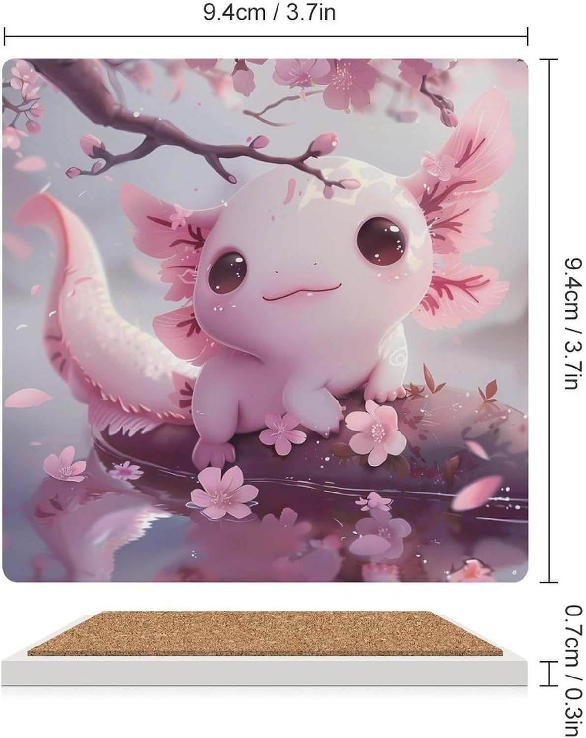 Cherry Flowers Axolotl Coasters for Drinks Square Table Coasters Set Cup Mats with Cork Base