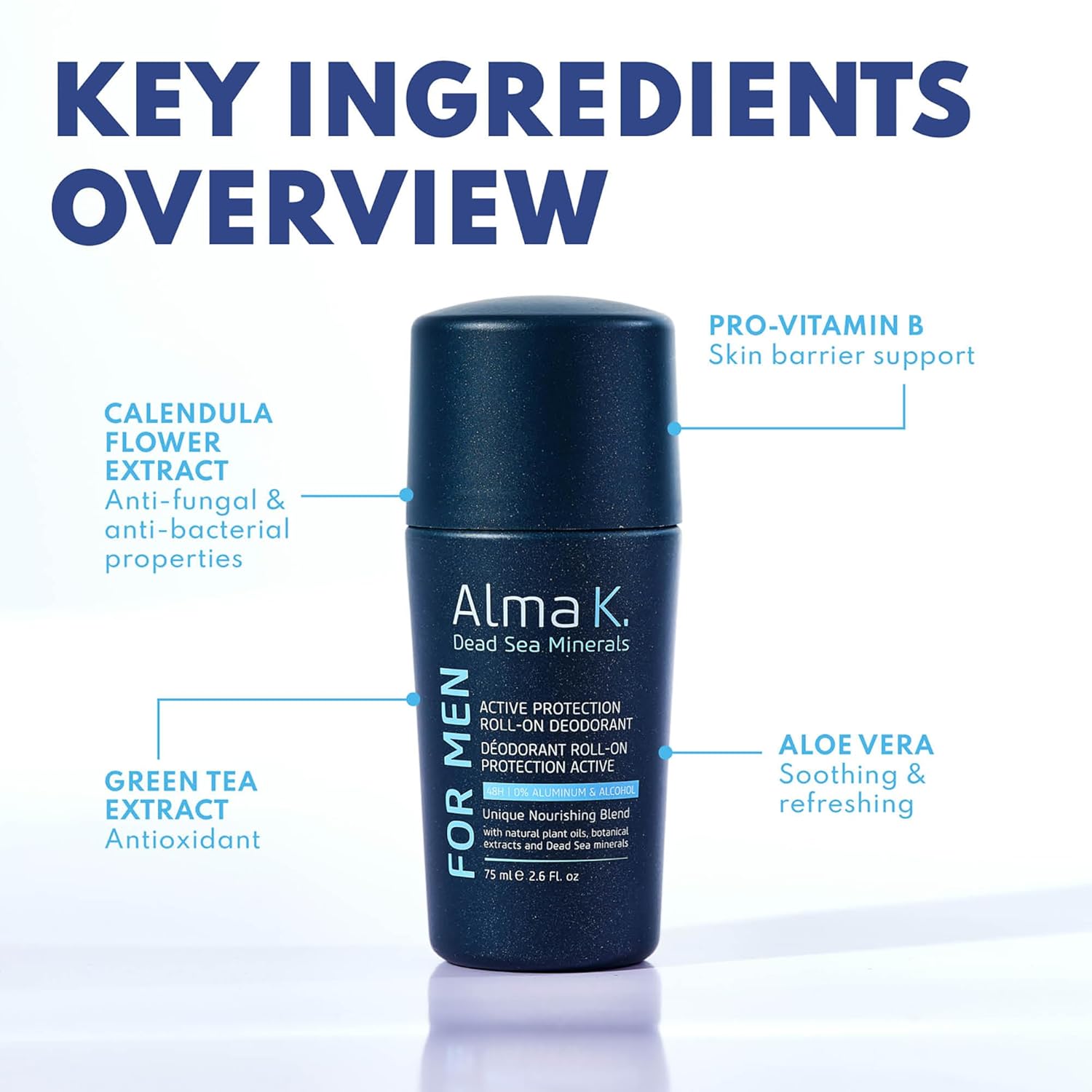 Alma K Active Protection Roll On Deodorant - Men's Deodorant - Aluminum Free Deodorant for Men - Alcohol-Free Deodorant for Sensitive Skin - 2.6 oz