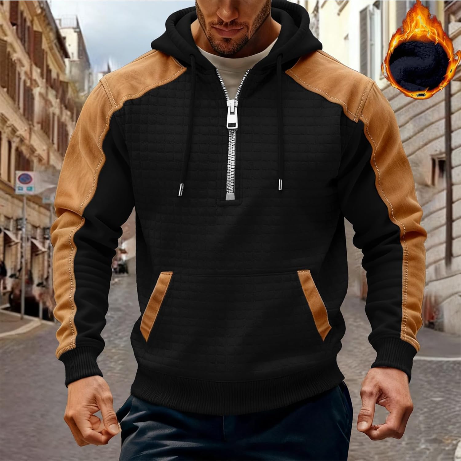 DEEX Men's Heavy Pullover Hoodie Casual Long Sleeve Drawstring Waffle Quarter Zip Winter Hooded Sweatshirts with Pockets - Image 2