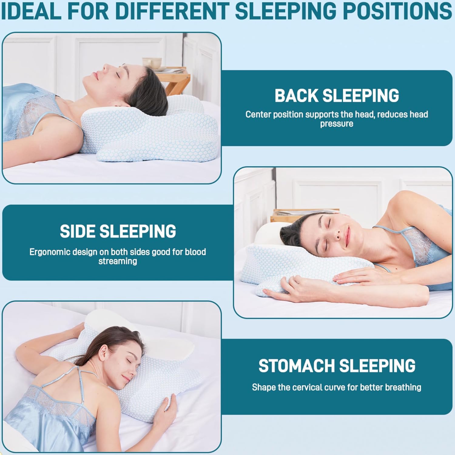 Cervical Neck Pillow - Ergonomic Memory Foam Pillows, Contour Design for Side, Back, Premium Comfort for Restful Sleep (Blue-White)