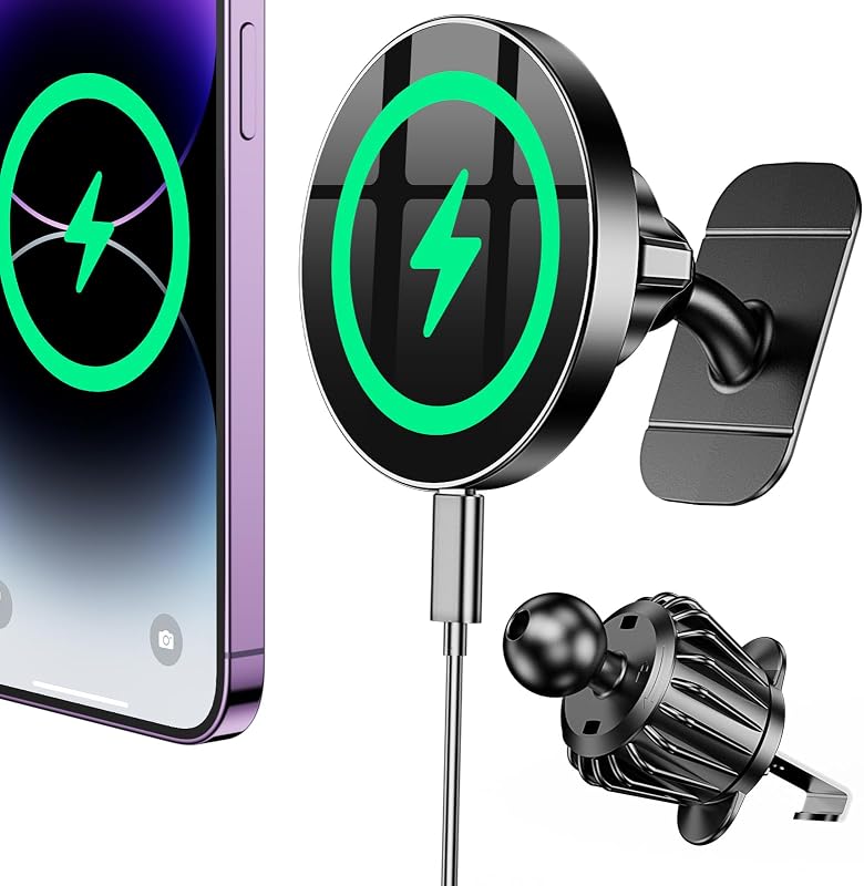 Coolpow Magsafe Car Mount Charger, Magnetic Wireless Car Charger for iPhone | Magsafe Car Charger Magnetic Phone Holders for Your Car Accessories Car Phone Holder Mount for iPhone 17 16 15 (Black)
