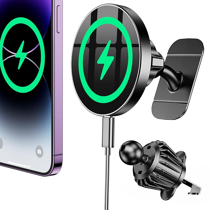 Carregador veicular sem fio MagSafe Coolpow com suporte magnético 15 W para painel e saída de ar, preto