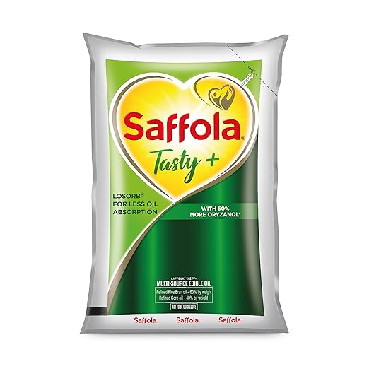 Saffola Tasty Refined Oil|Blend of Corn Oil & Rice Bran Oil|Cooking oil|Pro Fitness Conscious Edible Oil 1 Litre Pouch