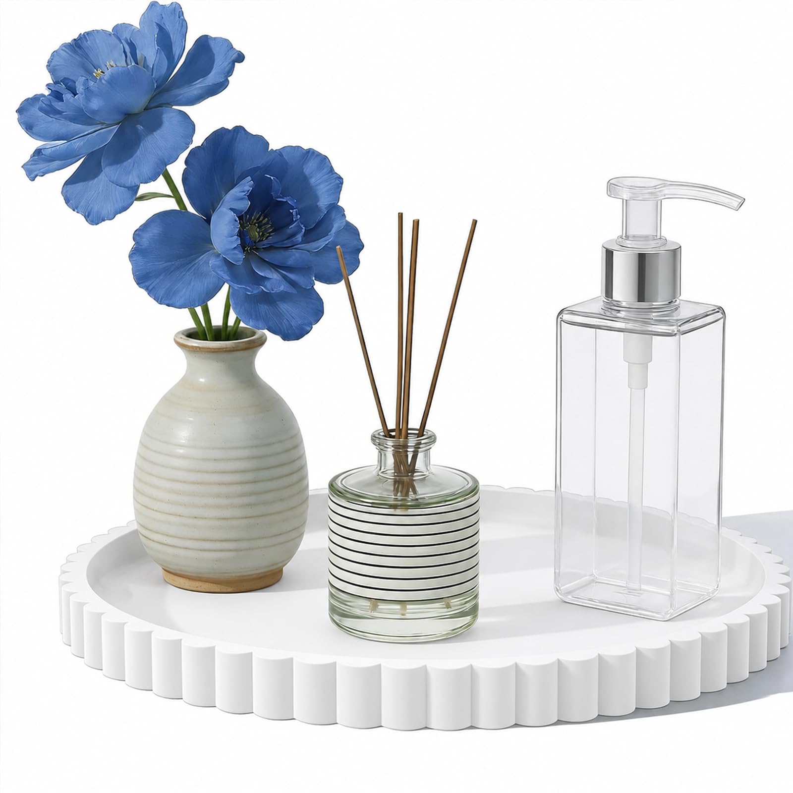 White Wavy Round Tray, Candle Trays, Perfume Tray, Plant Coffee White Trays, Suitable for Bathrooms, Kitchens, Living Rooms and Bedrooms（9 inches）