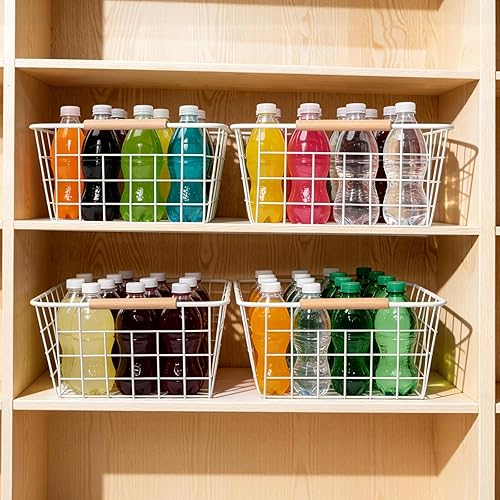 Miniatura 2 de Cesta de alambre de 2 unidades, cestas de almacenamiento de alambre organizadoras con asas de madera, cesta de alambre para organización y