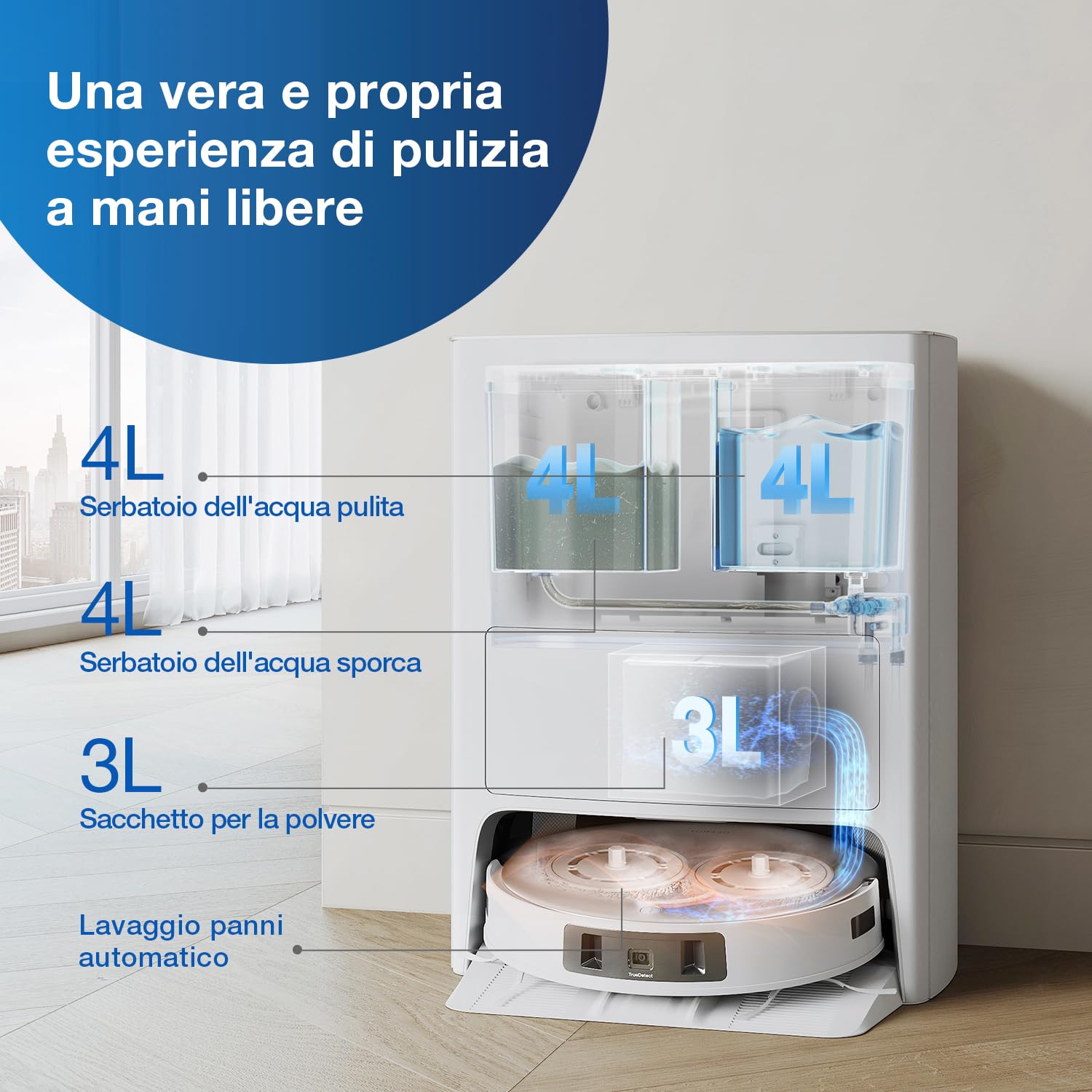 ECOVACS DEEBOT T20e OMNI Robot Aspirapolvere, 6000Pa Robot Aspirapolvere Lavapavimenti con Mappatura, 9mm Sollevamento Mop, Stazione All-in-one, Evitamento Ostacoli 3D, Funziona con Alexa/APP