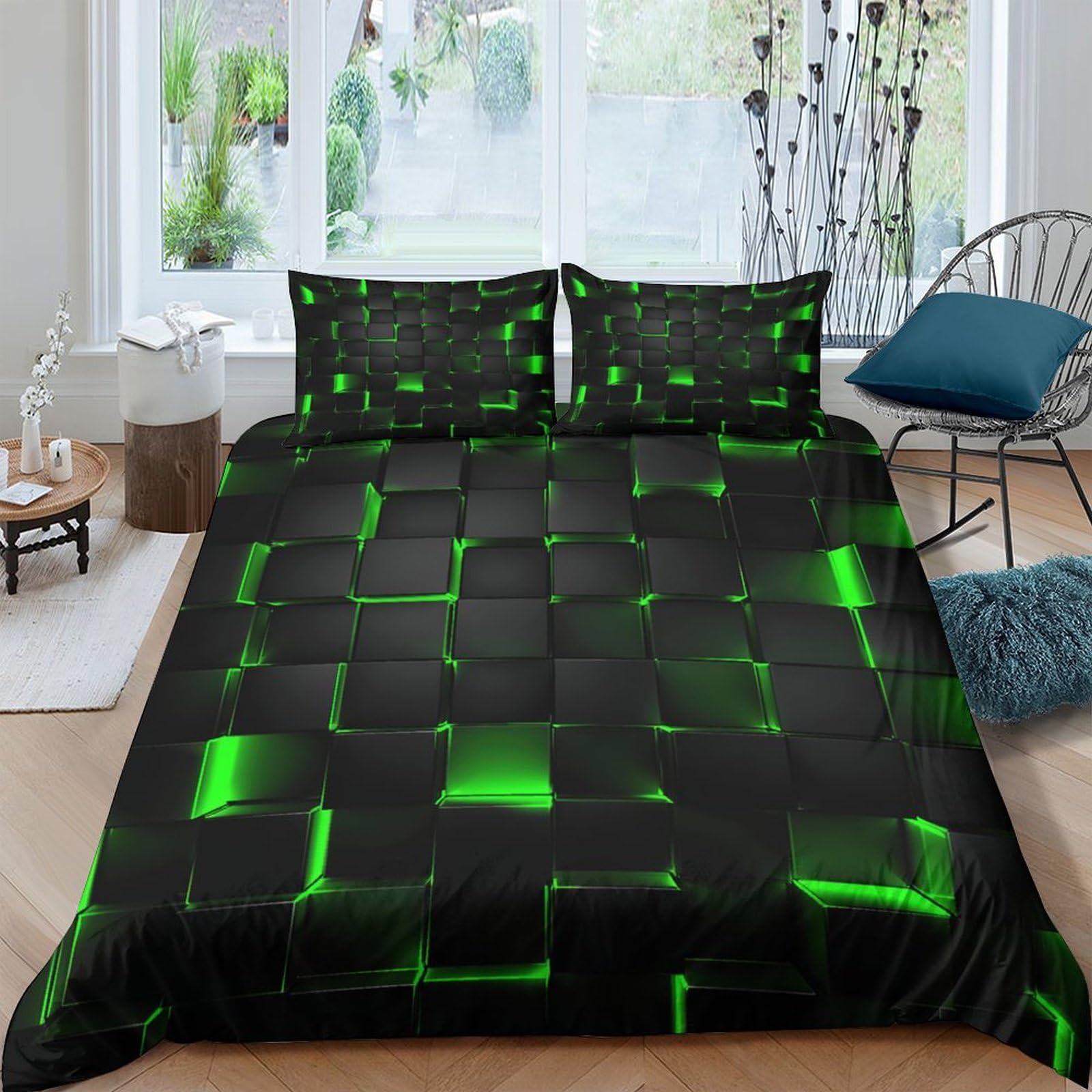 Ctjqhvkz Style-3 3D Printed Neon Grid Pattern Fitted Sheet Microfiber Soft Breathable Futuristic Green Bed Cover For Bedroom Dorm Mattress Protection Decor Single（135X200cm）