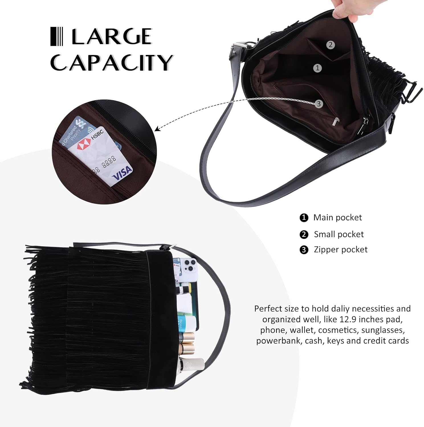 SUKUTU Fashion Fringe Hobo Bag for Women Vegan Faux Suede Leather Tassel Shoulder Bag - Image 6