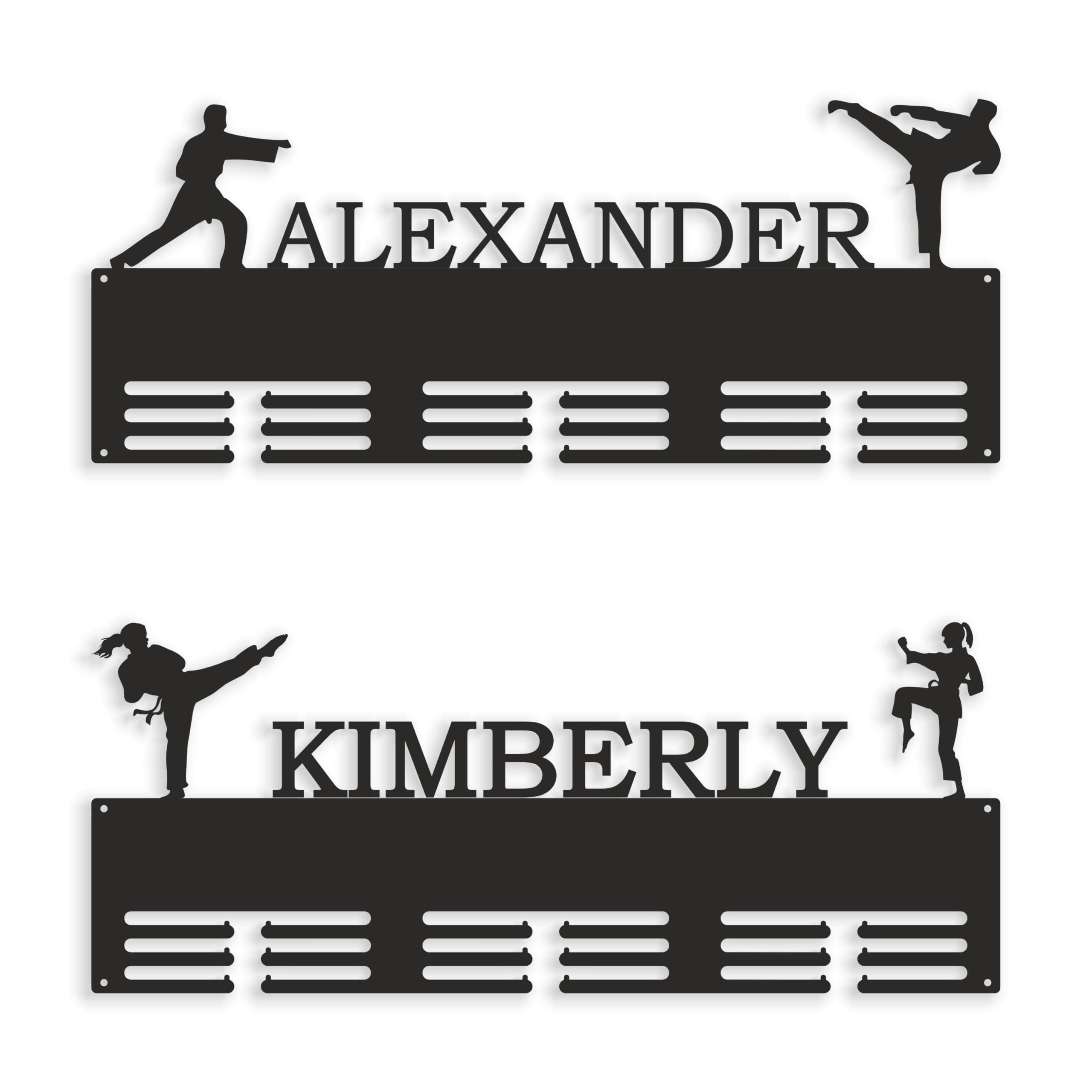 Porta Medallas de Taekwondo con Nombre Personalizado, Metal | Medallero Colgador, Soporte Organizador, Para Kárate, Regalo para Hombres y Mujeres, 2 Figuras Femeninas o Masculinas