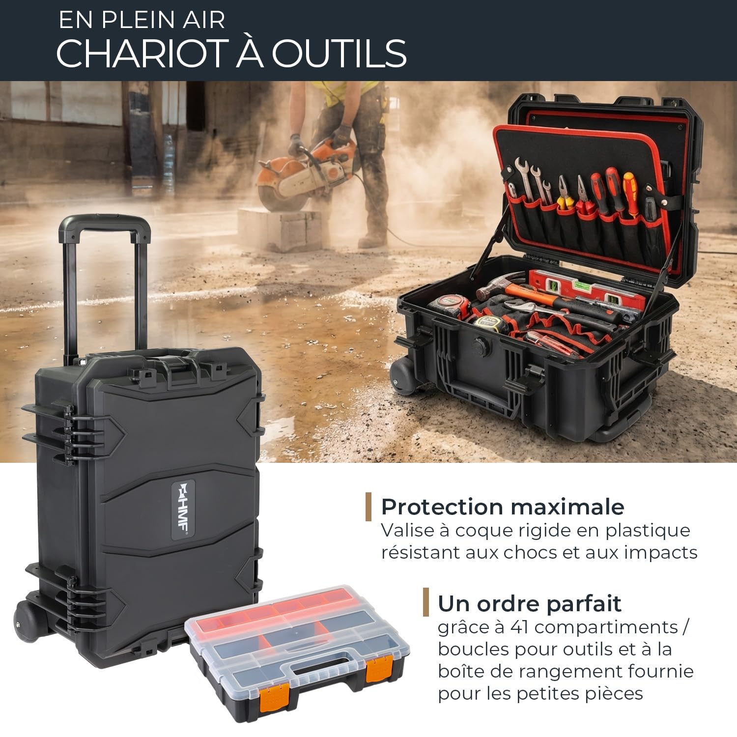 HMF 15604-02 Chariot à outils d'extérieur, coffre à outils vide avec roulettes | 46,5 x 36 x 22,5 cm