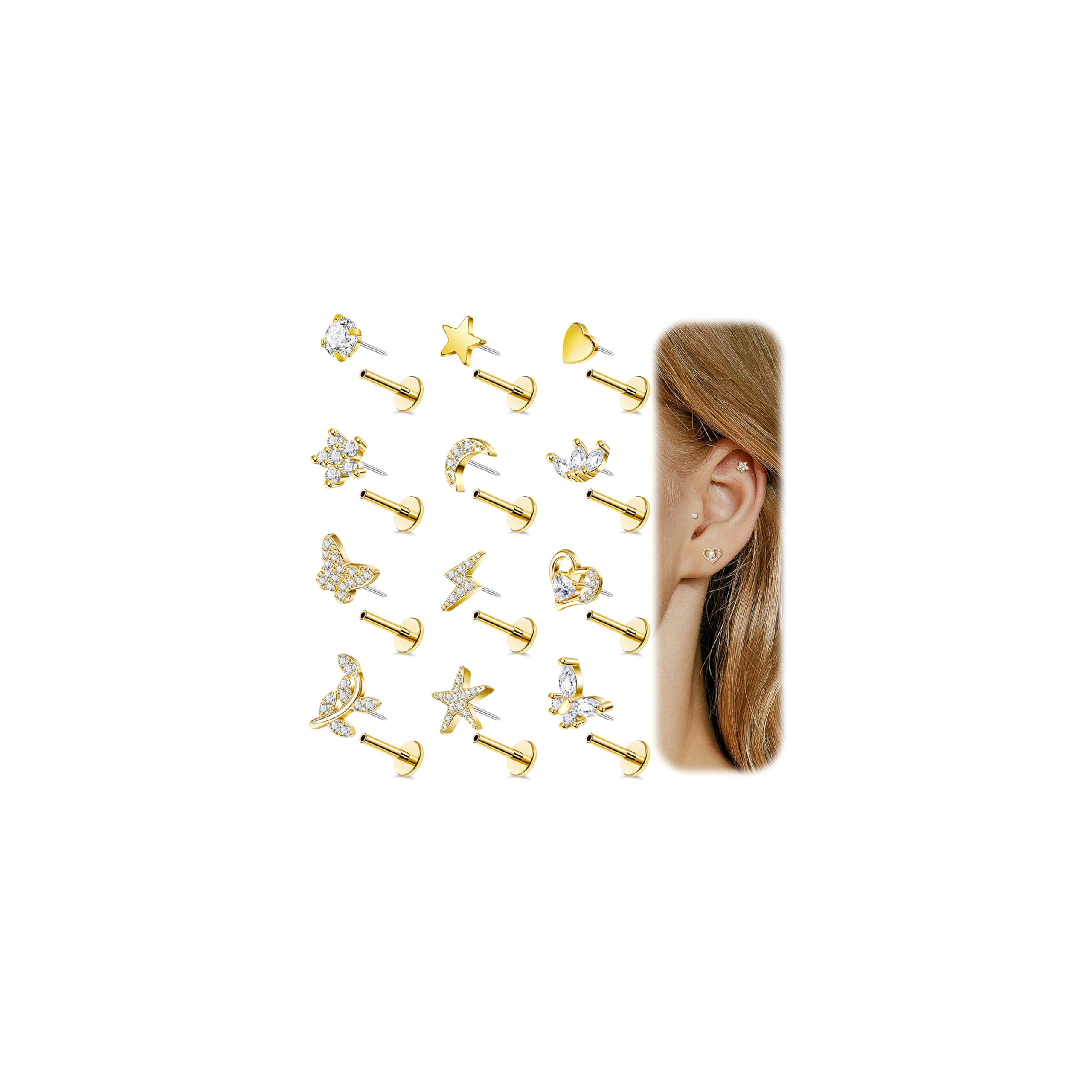 REVOLIA 12Pcs 16G Threadless Cartilage Earrings Stud 14K Gold Plated Tragus Earrings for Women 316L Stainless Steel Flat Back Earrings Stud Helix