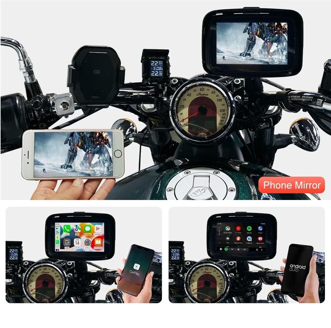 Navigatore GPS Per Moto, Carplay Wireless Touch Screen Da 5 Pollici, IPX7 Impermeabile, Connessione BT, WIFI 4G USB Plug And Play, Posizionamento Preciso, Mappa In Tempo Reale