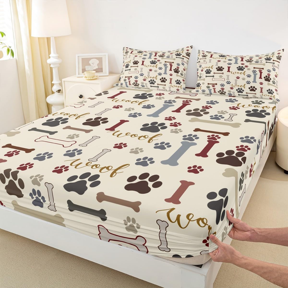 Manfei Cute Dog Paws Print Kids Fitted Sheet Queen Size,Corgi Pug Lovely Animals Pets Bedding Set,Girls Boys Adults Bedroom Decor,Dog Bones Cartoon Bed Cover,Colorful Bed Sheet,2 Pillowcases