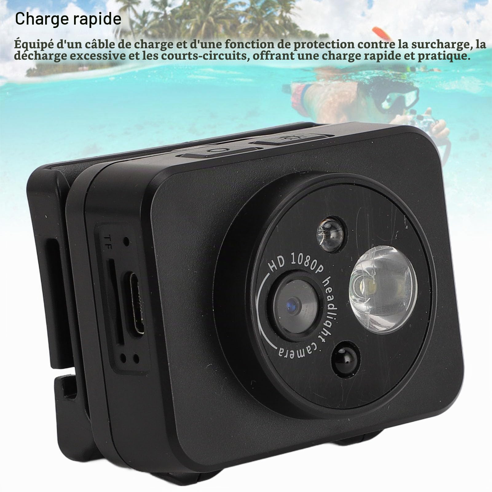 Tbest Caméra Frontale LED 1080P, Enregistreur Vidéo Mains Libres pour la Course à Pied, Le Cyclisme, Le Camping en Plein Air