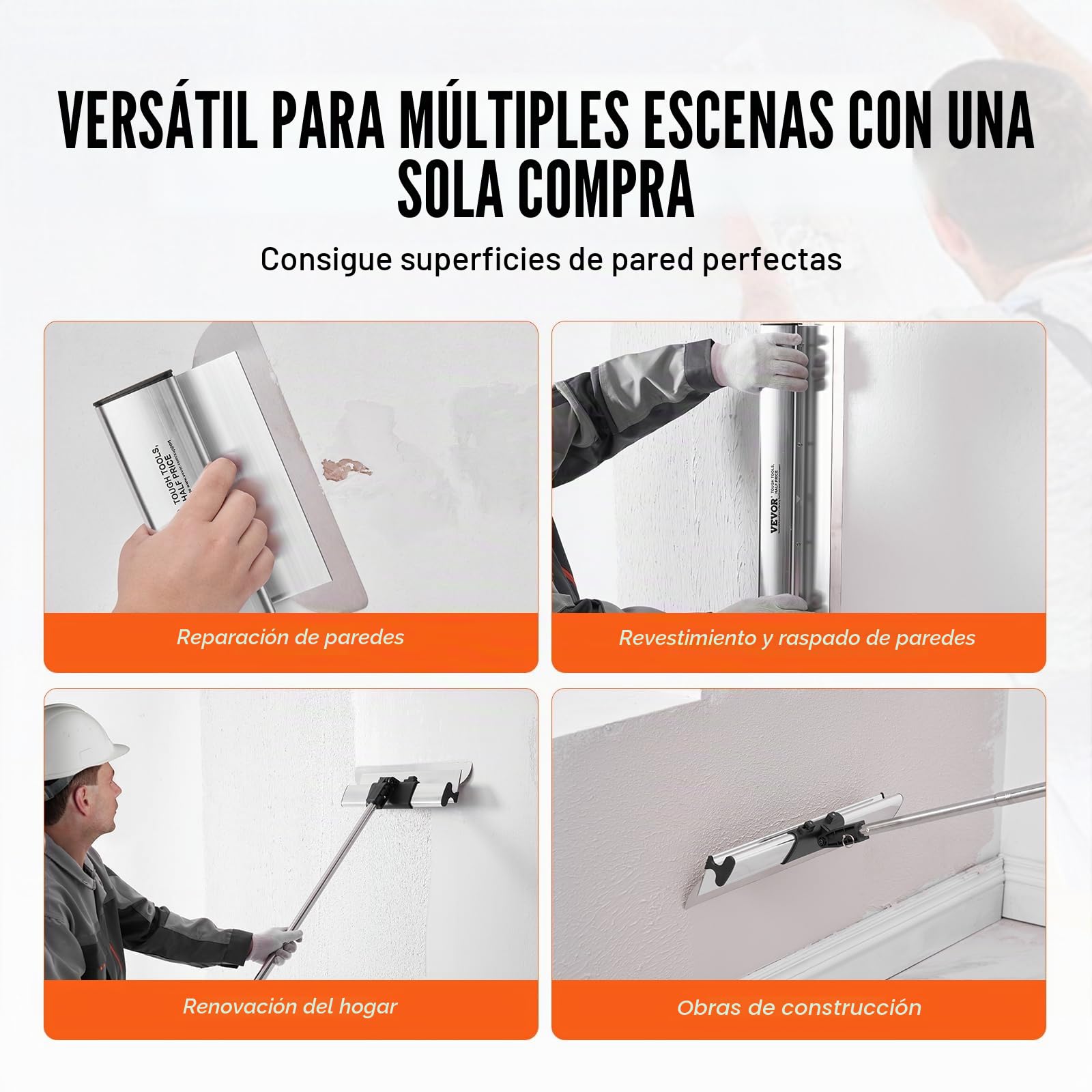 VEVOR Juego de Cuchillas para Desnatar Paneles de Yeso, Cuchillos de Acero Inoxidable de 254/406/610/813/1016 mm y Mango de Extensión de 862-2072 mm, Herramientas Profesionales para Placa de Yeso