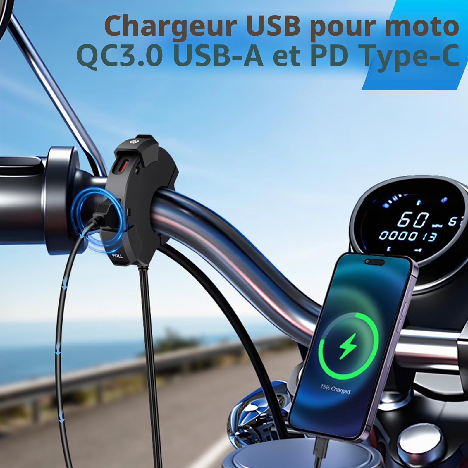 Prise USB Moto, Chargeur USB Moto QC3.0 USB& PD Type C Charge Rapide Prise de Chargeur de Voiture Etanche pour 12V-24V Moto, Camping-Car, ATVs