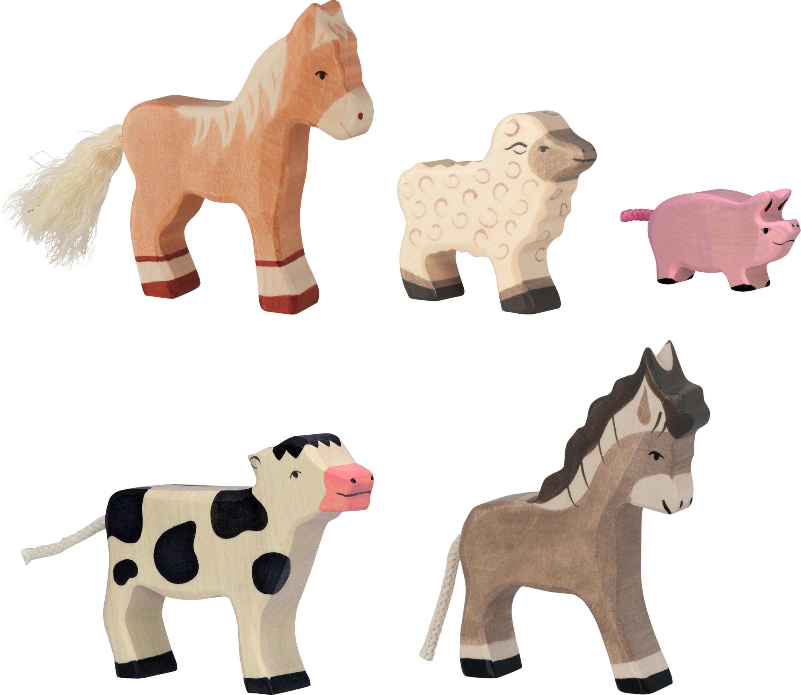 Holztiger 80629 Animali da Fattoria - Set di 5 Personaggi in Legno, puledri, Agnello, maialini, Vitello e Asino, Giocattoli Dipinti a Mano per Bambini, Made in Europe
