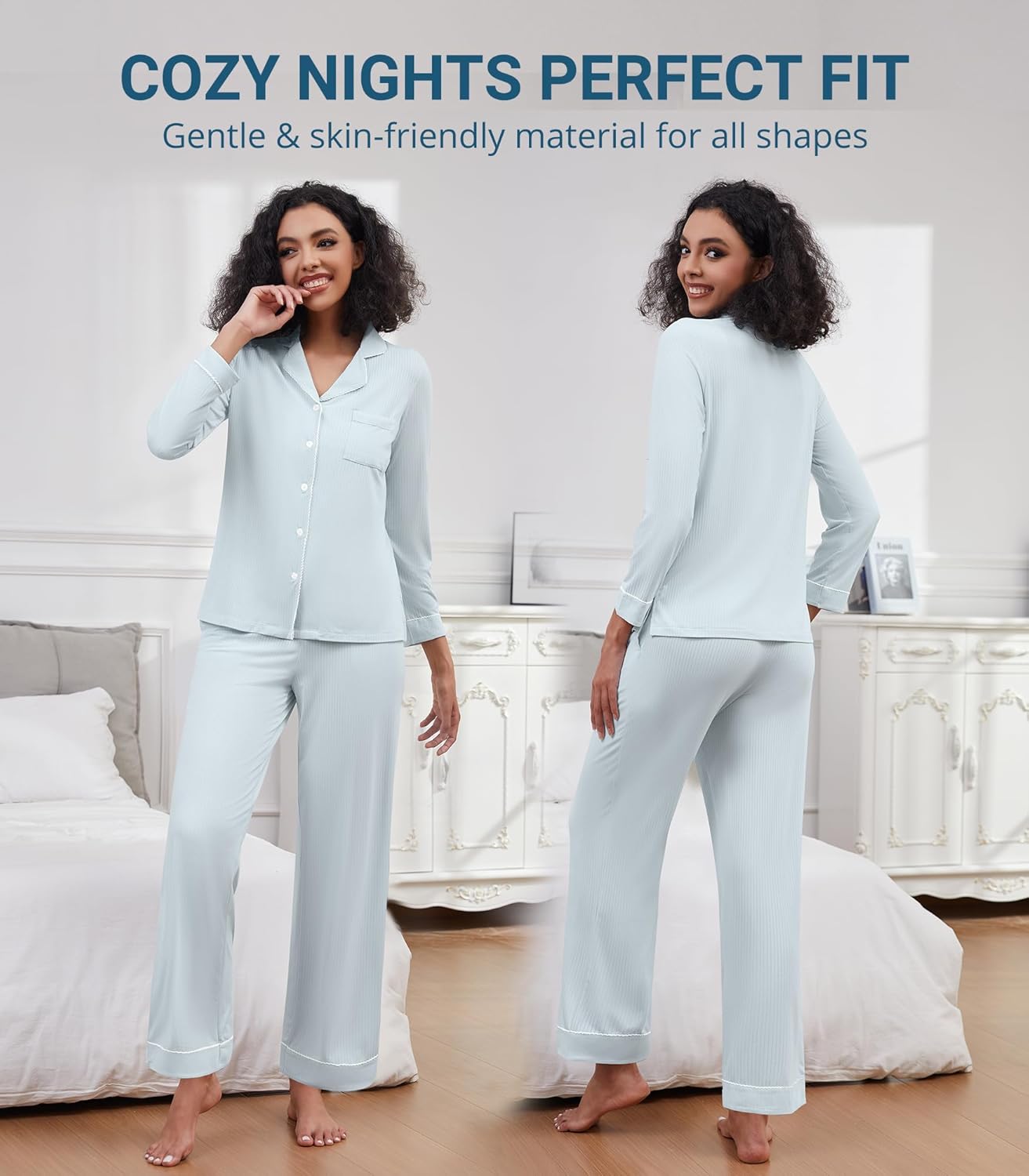 WiWi Pajamas for Women Bamboo Viscose Soft Ribbed Sleepwear Button Down Top and Pants 2 Piece Loungewear S-XXL - Image 3